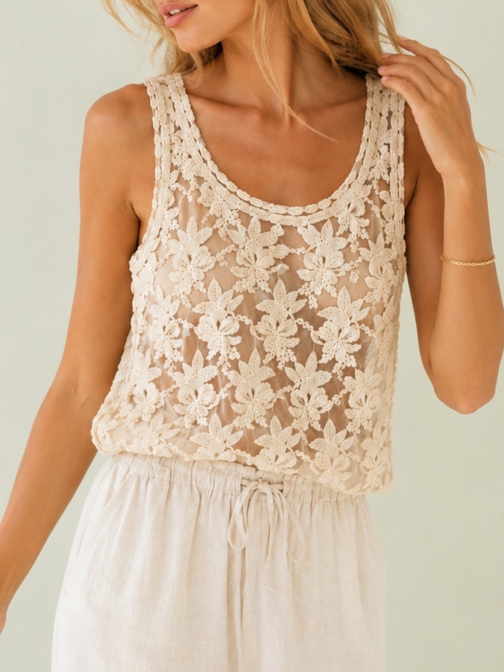 🌾 Romantic Cottagecore Lace Mesh Embroidered Tank Top Cream Floral Boho Sz M/L